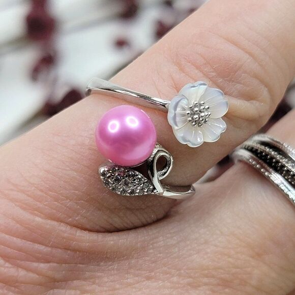 Island Chic Wrap Adjustable Ring 925 Sterling Silver Bright Pink Freshwater Pear - Picture 3 of 4